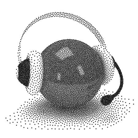 Dotwork Halftone 3D Orb with Headset. Engraving Vector Illustration. Support concept.のイラスト素材