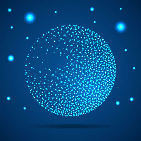 Dotwork Halftone 3D Sphere from Light on Blue Background. Engraving  Geometrical Vector Illustration.のイラスト素材