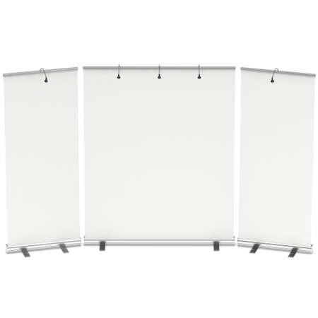 Blank Roll Up Banner Stands. Trade show booth white and blank. 3d render isolated on white...