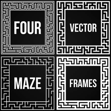 Maze Frame Set. Vintage Maze Border. Labyrinth with Entry and Exit. Find the Way Out Concept. Vector Illustration with blank template for your text.のイラスト素材