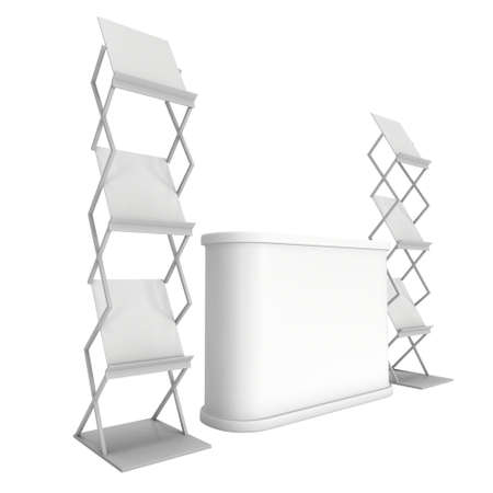 Trade show booth reception desk and magazine rack white and blank. 3d render isolated on white...