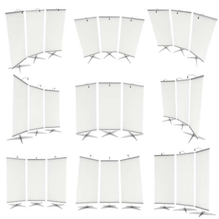 Blank Roll Up Banner Stand Set of different views. Trade show booth white and blank. 3d render...