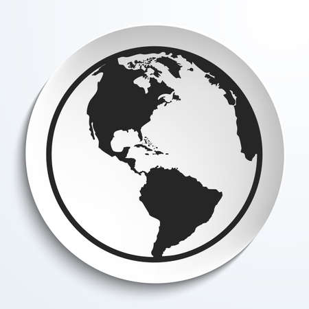 Earth Globe Icon on White Plate. Earth on Plate Vector Illustration. Black Earth with America View, Travel and Transportation Concept.のイラスト素材