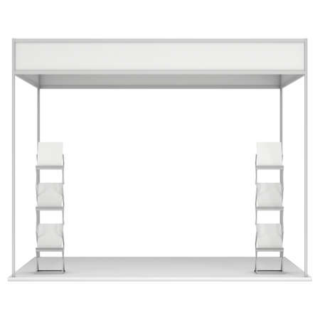 Trade Show Booth White and Blank with Brochure Display. Blank Indoor Exhibition with Work Paths. 3d render isolated on white background. High Resolution Template for your expo design.の写真素材
