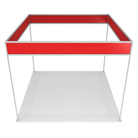 Trade Show Booth Red and Blank. Blank Indoor Exhibition with Work Paths. 3d render isolated on white background. High Resolution Ad Template for your Expo design.の写真素材