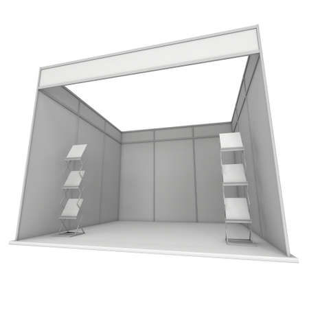 Trade Show Booth White and Blank with Magazine Rack. Blank Indoor Exhibition with Work Paths. 3d...