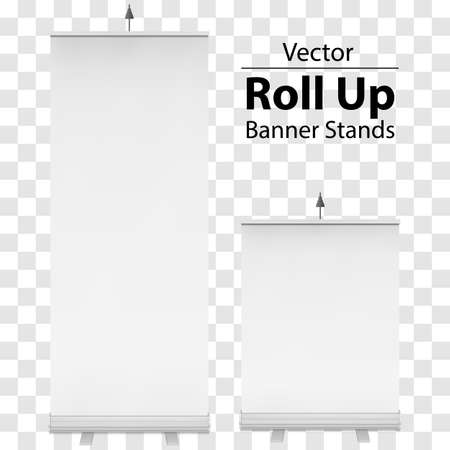 Blank Roll Up Banner Expo Stands. Trade show booth white and blank. 3d vector illustration on transparent background. Template mockup for your expo design.のイラスト素材
