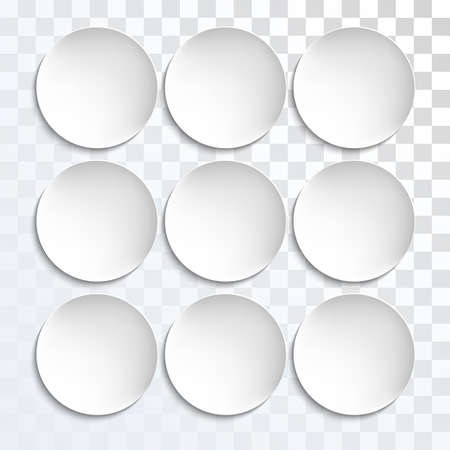 Empty white paper plate shapes. Vector round plates Illustration on transparent background. Plates background for your design.のイラスト素材