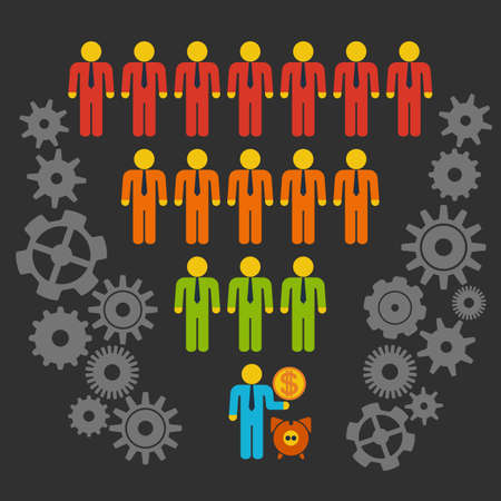 Marketing Funnel Sales Diagram with People and Cogs. Vector isolated on black background. Conversion Funnel Sale Chart. Concept of Funnel and Sales.のイラスト素材