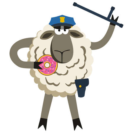 Stubborn Lamb Policeman with Donut. Sheep professional character. Vector illustration of stubborn police isolated on white.のイラスト素材