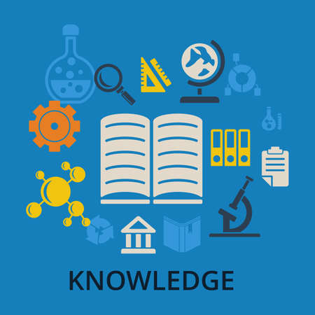 Knowledge concept. Open book and icons of science. Set of vector knowledge icons and books on blue...