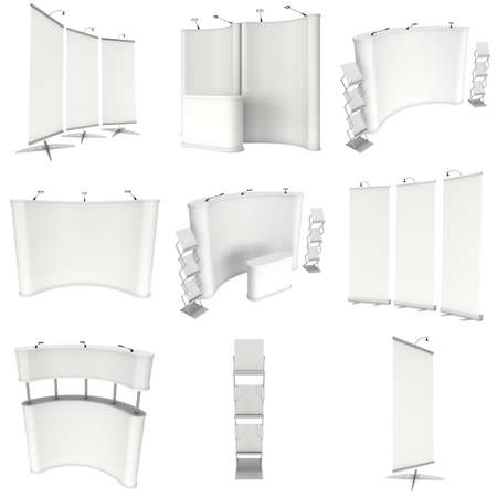 Trade show booth set. Roll-Up, Pop-Up with Reception Desk. 3d render isolated on white background....