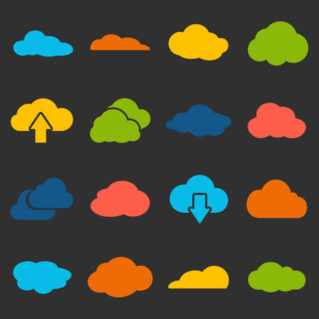 Cloud shapes collection. Cloud icons for the weather forecast, web interface or cloud storage applications cloud computing web and app. Vector design elements on black backgroundのイラスト素材