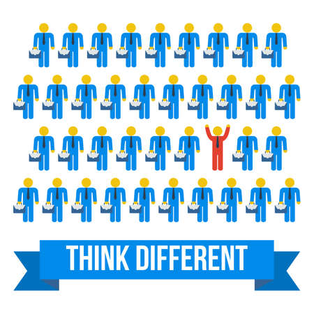 Think different people concept. Red leader out of crowd blue businessmen. Vector illustration isolated on white background. Business, leadership out of box concept.のイラスト素材