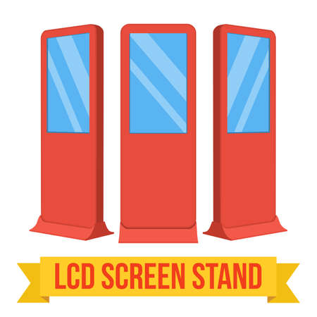 LCD Screen Floor Stand. Red Trade Show Booths with different angles. Vector illustration of kiosk machines isolated on white background. Ad template for your expo design with ribbon banner text.のイラスト素材