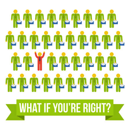 Think differently people concept. Red leader out of crowd green businessmen. Vector illustration isolated on white background. Business, leadership out of box concept. What if you're right text.のイラスト素材