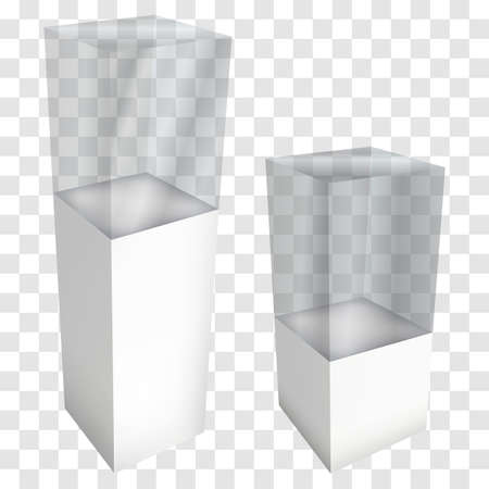 Empty glass showcase for exhibit. 3D Vector illustration on transparent white background. Trade show booth white and blank pedestal with glass box for expo design.のイラスト素材