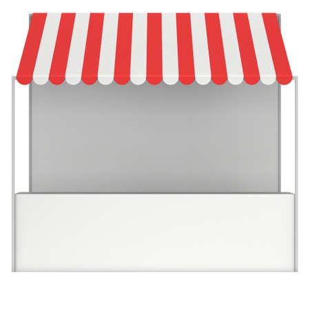 Market stand kiosk stall with striped awning for promotion sale. Shopping cart. Business store, showcase and kiosk, marketplace mobile. 3D render illustration isolated on white.の写真素材