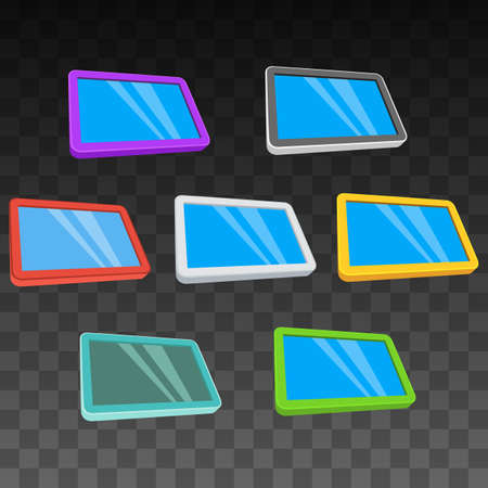 Tablet pc computers set with blank screen. Vector illustration of lcd screen pad on black transparent background. Ad template for your apps design.のイラスト素材