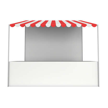 Market stand kiosk stall with striped awning for promotion sale. Shopping cart. Business store, showcase and kiosk, marketplace mobile. 3D render illustration isolated on white.の写真素材