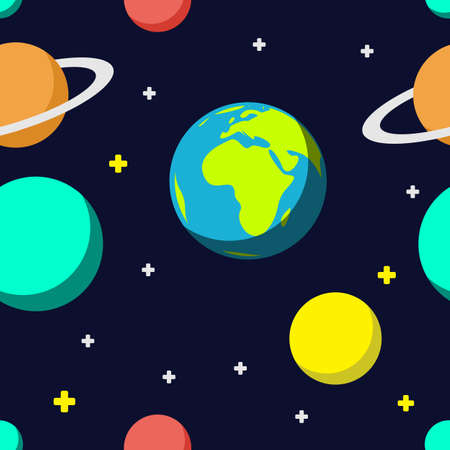 Outer space cartoon seamless pattern background with colorful planets and stars. Vector flat illustration. Travel flight to other planetsのイラスト素材
