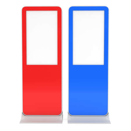 LCD Screen Floor Red and Blue Stands. Blank Trade Show Booth Collection. 3d render of lcd screen...