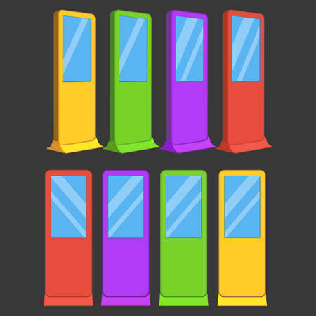 LCD TV Info Floor Stands in different colors. Blank Trade Show Booth Group. illustration of kiosk machine on black background.のイラスト素材