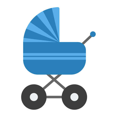 Blue baby pram. Flat icon of baby carriage isolated on white.のイラスト素材