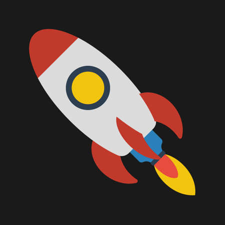 Space rocket flying on black background, flat design colored illustration.