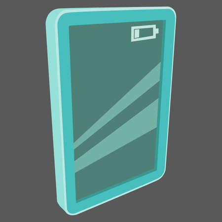Tablet pc computer with battery indicator. illustration of green lcd screen pad on dark background.のイラスト素材