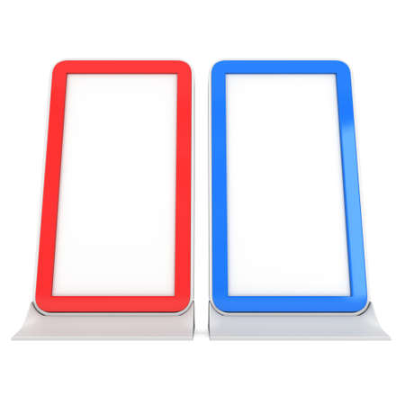 LCD Screen Stand Red and Blue. Blank Trade Show Booth. 3d render of lcd tv isolated on white background. High Resolution. Ad template for your expo design.の写真素材