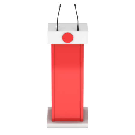 3d Speaker Podium. Red Tribune Rostrum Stand with Microphones. 3d render isolated on white...