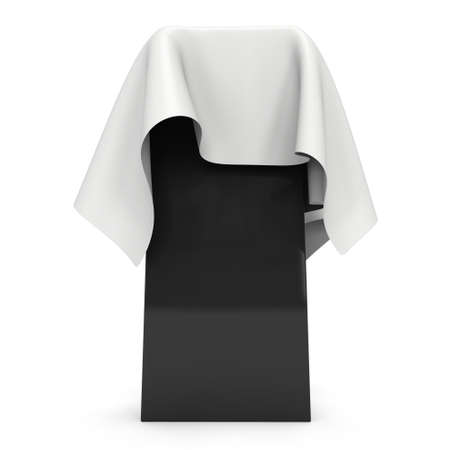 Presentation pedestal covered with white cloth. Place for award or prize cover by cloth. 3d render illustration isolated on white.の写真素材
