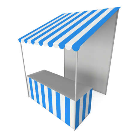Market stand kiosk stall with striped awning for promotion sale. Shopping cart. Business store, showcase and kiosk, marketplace mobile. 3D render illustration isolated on white.の写真素材