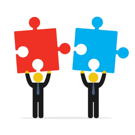 Merger concept. Two businessmen trying to connect red and blue puzzles. illustration isolated on white background.のイラスト素材