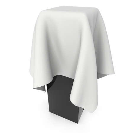 Presentation pedestal covered with white cloth. Place for award or prize cover by cloth. 3d render illustration isolated on white.の写真素材