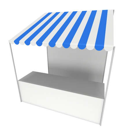 Market stand kiosk stall with striped awning for promotion sale. Shopping cart. Business store, showcase and kiosk, marketplace mobile. 3D render illustration isolated on white.の写真素材
