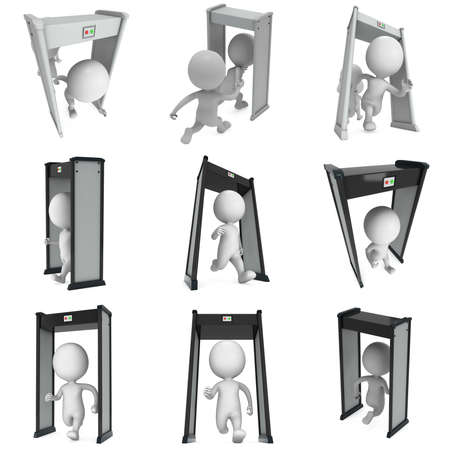3D metal detector scanner and running man isolated on white background. Scanner entrance gate for prevent crime or terrorism in public place. Security concept set.の写真素材
