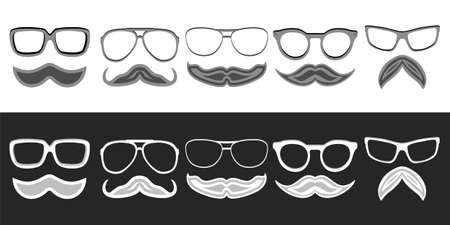 Set of hipster nerd glasses and stylish mustaches on white and black.のイラスト素材