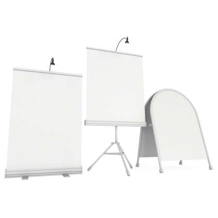 Blank Roll Up Expo Banner Stand Group and Sandwich board. Trade show booth white and blank. 3d render illustration isolated on white background. Template mockup for your expo design.の写真素材
