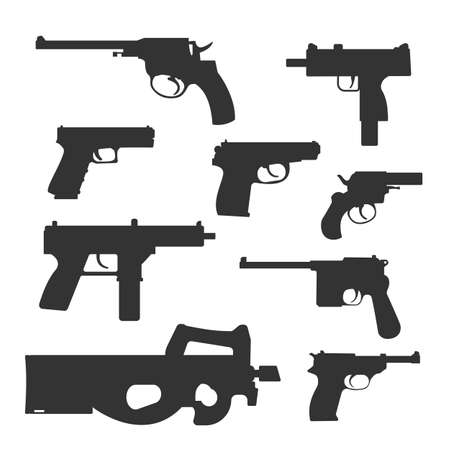 Weapons vector handguns collection. Pistols, submachine guns icons. Gun illustration isolated on white backgroundのイラスト素材