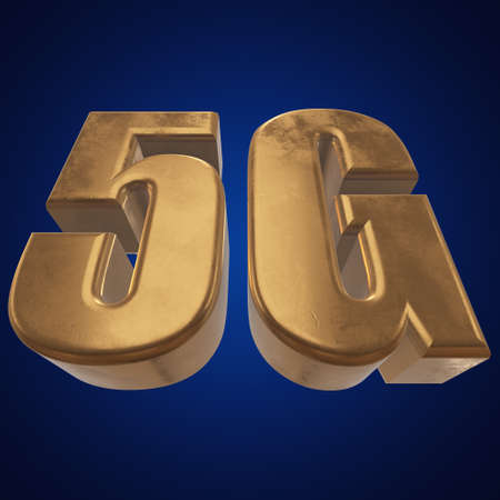 Gold 5G icon on blue background. 3D render lettersの写真素材