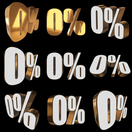 Gold zero percent on black background set. 3d render illustration.の写真素材