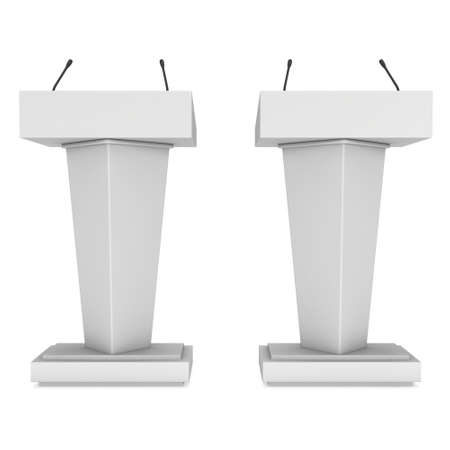 3d Speaker Podium. White Tribune Rostrum Stand with Microphones. 3d render isolated on white background. Debate, press conference conceptの写真素材