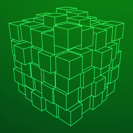 Wireframe Mesh Big Data Cube Made of Many Cubes. Connection Structure. Digital Info Visualization Concept. Vector Illustration.のイラスト素材