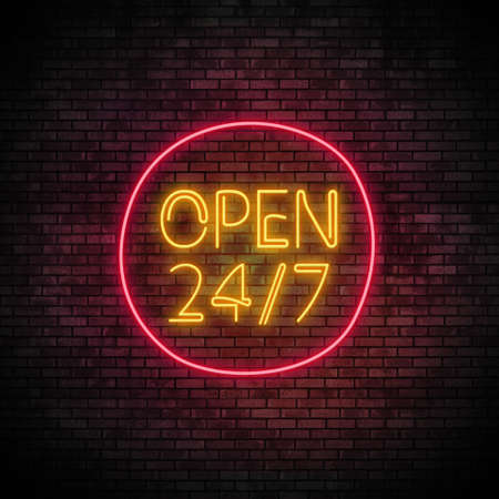 Open 24/7 Hours Neon Light on Brick Wall. 24 Hours Night Club Bar Blinking Electric Sign. 3d render...