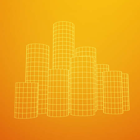 Mesh low poly wireframe Cylinder array like skyscraper city. Connected lines. Connection Box Structure. Digital Data Visualization Concept. Vector Illustration.のイラスト素材