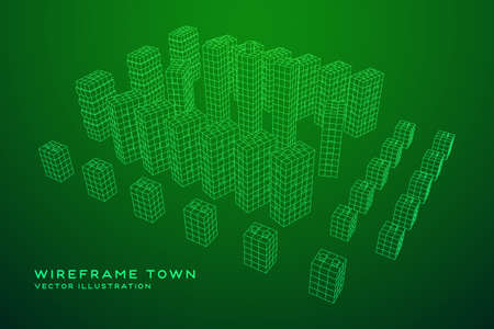 Mesh low poly wireframe cubes array like skyscraper city. Connected lines town. Connection Box...