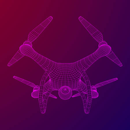 Remote control air drone. Dron flying with action video camera. Wireframe low poly mesh vector illustrationのイラスト素材