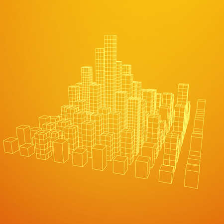 Mesh low poly wireframe cubes array like skyscraper city. Connected lines town. Connection Box Structure. Digital Data Visualization Concept. Vector Illustration.のイラスト素材